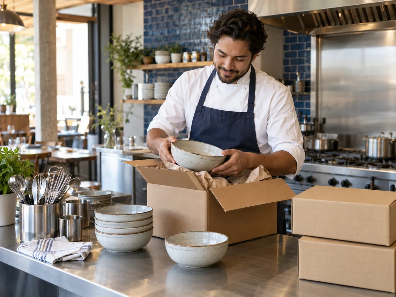 A restaurant owner unpacking new bowls and supplies at a restaurant counter